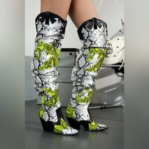Cape Robbin Neon Green White Black Snake-Print Over-The-Knee Boots